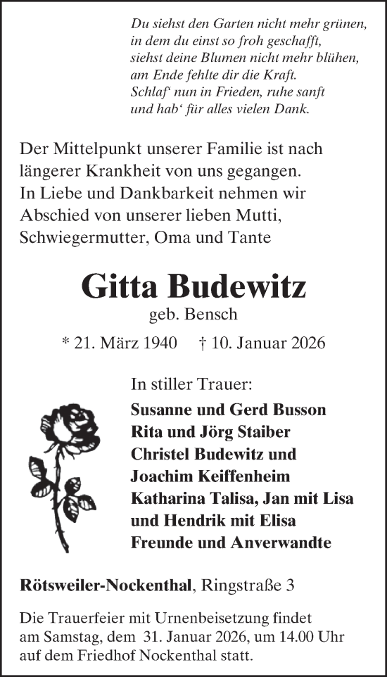 Traueranzeige von Gitta Budewitz von WochenSpiegel