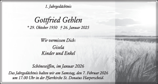 Traueranzeige von Gottfried Gehlen von WochenSpiegel