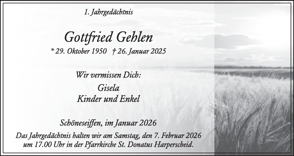  Traueranzeige für Gottfried Gehlen vom 28.01.2026 aus WochenSpiegel