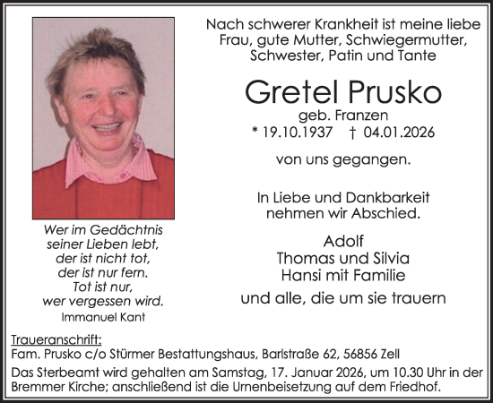 Traueranzeige von Gretel Prusko von WochenSpiegel