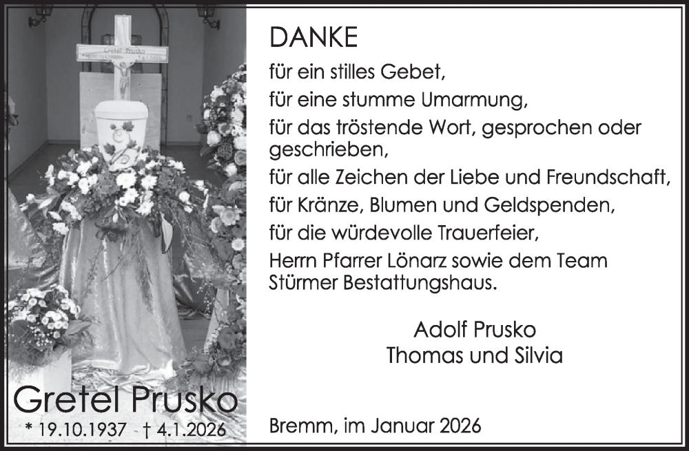  Traueranzeige für Gretel Prusko vom 28.01.2026 aus WochenSpiegel