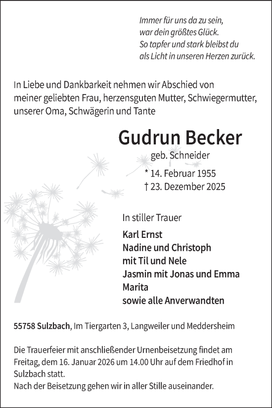 Traueranzeige von Gudrun Becker von WochenSpiegel