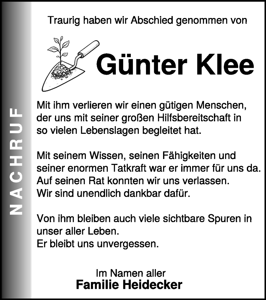  Traueranzeige für Günter Klee vom 10.01.2026 aus WochenSpiegel