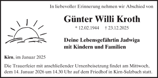 Traueranzeige von Günter Willi Kroth von WochenSpiegel