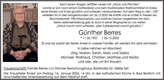 Traueranzeige von Günther Berres von WochenSpiegel