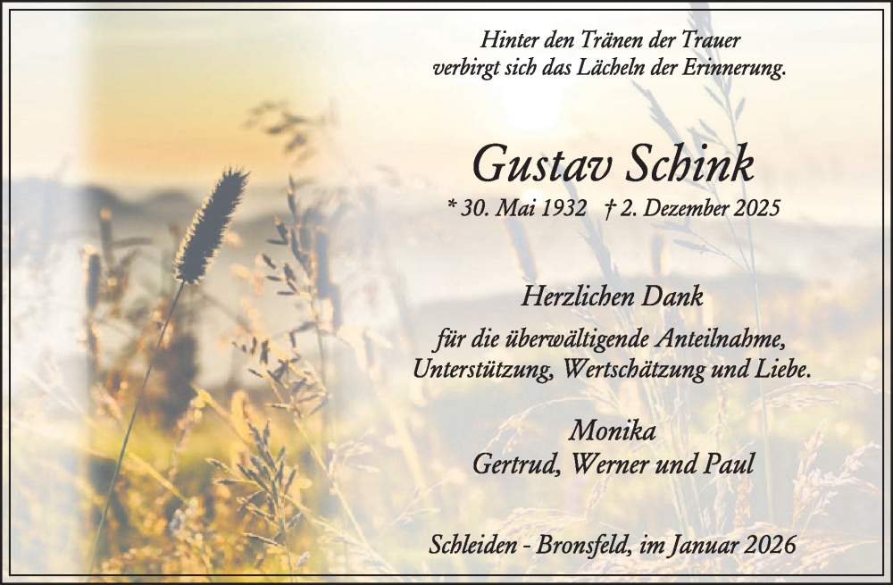  Traueranzeige für Gustav Schink vom 14.01.2026 aus WochenSpiegel