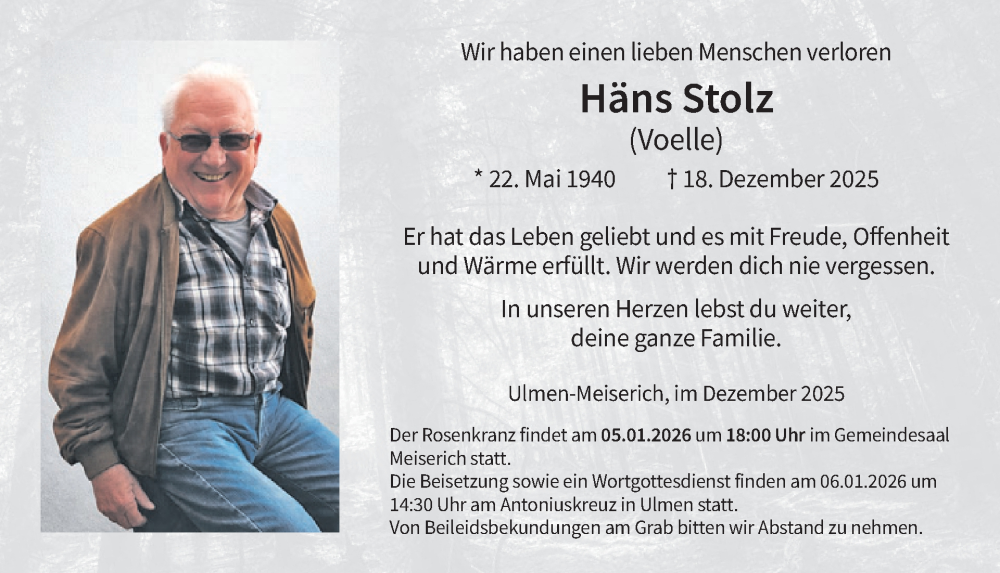  Traueranzeige für Häns Stolz vom 03.01.2026 aus WochenSpiegel