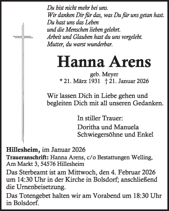 Traueranzeige von Hanna Arens von WochenSpiegel