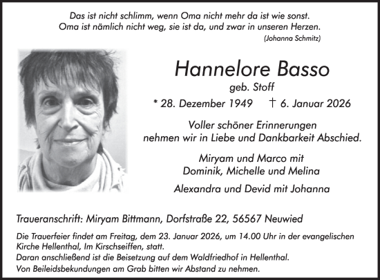 Traueranzeige von Hannelore Basso von WochenSpiegel