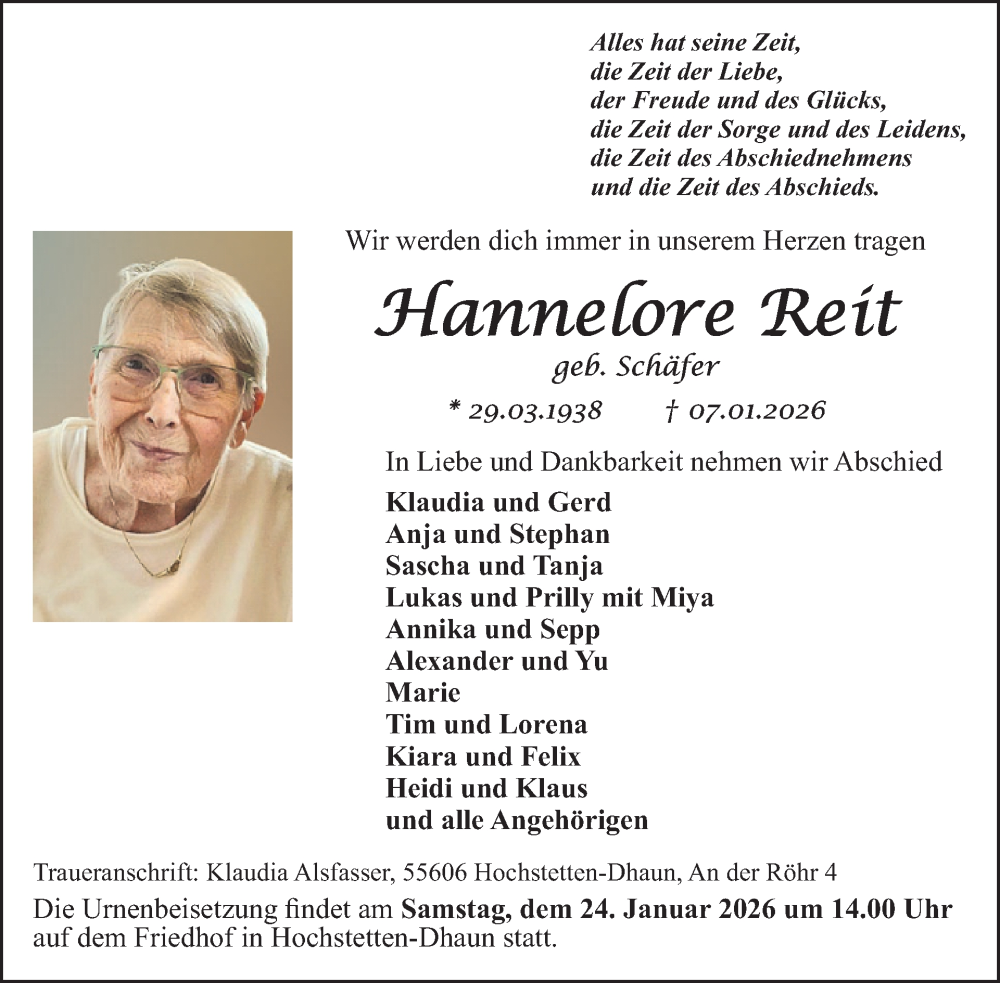  Traueranzeige für Hannelore Reit vom 17.01.2026 aus WochenSpiegel