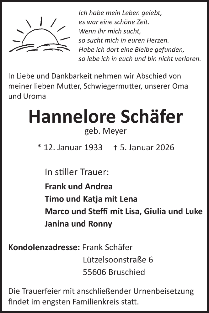  Traueranzeige für Hannelore Schäfer vom 17.01.2026 aus WochenSpiegel