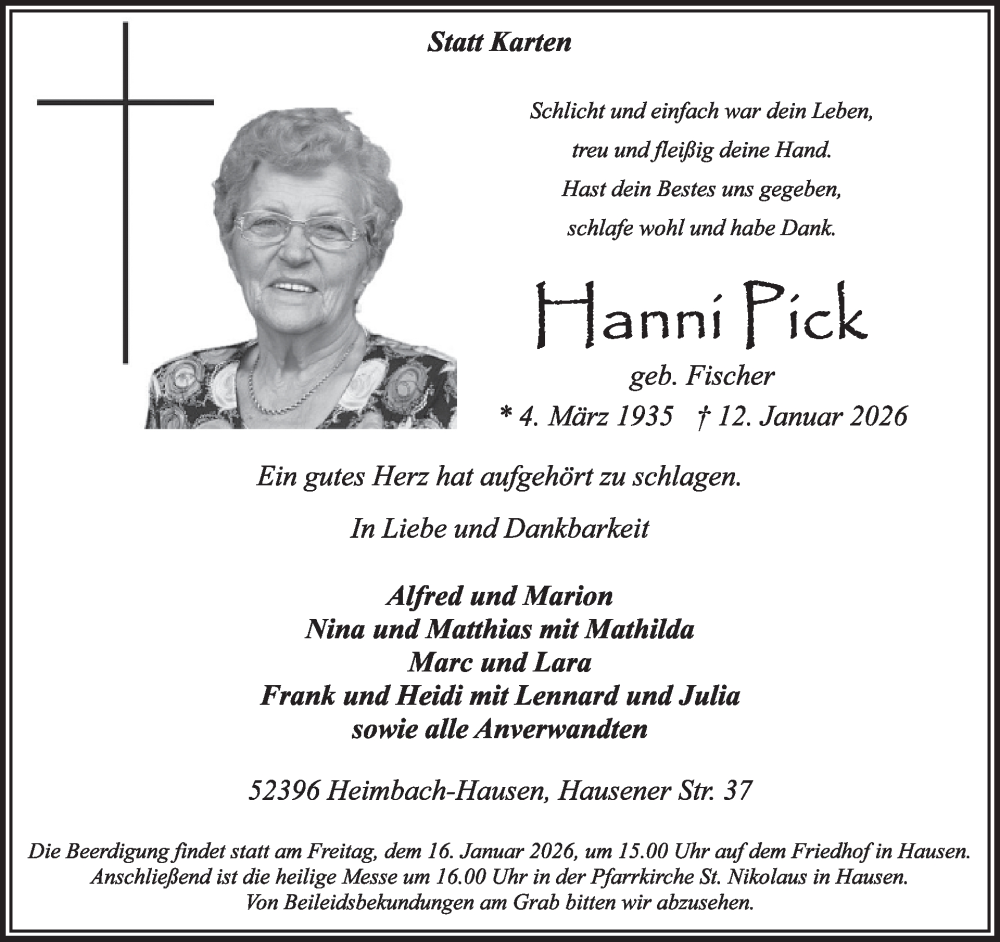  Traueranzeige für Hanni Pick vom 14.01.2026 aus WochenSpiegel