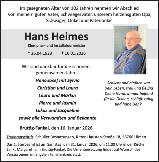 Traueranzeige von Hans Heimes von WochenSpiegel