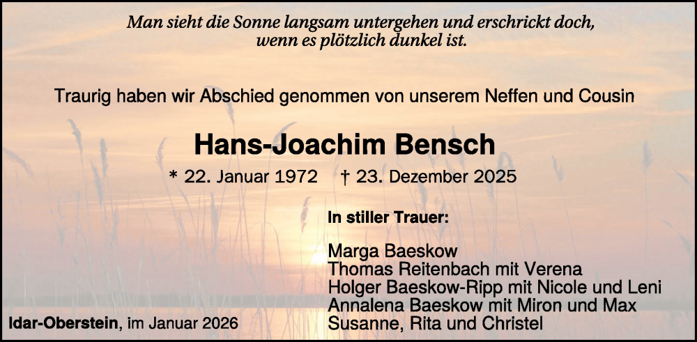 Traueranzeige für Hans-Joachim Bensch vom 31.01.2026 aus WochenSpiegel