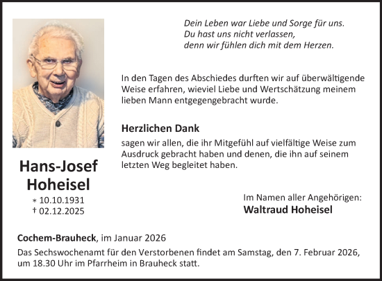 Traueranzeige von Hans-Josef Hoheisel von WochenSpiegel