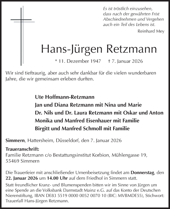 Traueranzeige von Hans-Jürgen Retzmann von WochenSpiegel