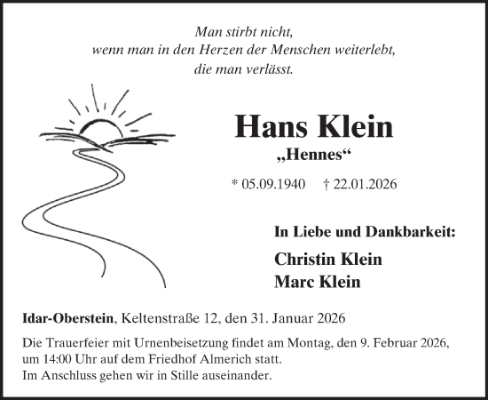 Traueranzeige von Hans Klein von WochenSpiegel