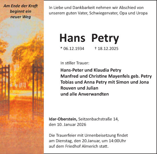 Traueranzeige von Hans Petry von WochenSpiegel