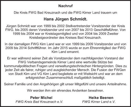 Traueranzeige von Hans Jürgen Schmidt von WochenSpiegel