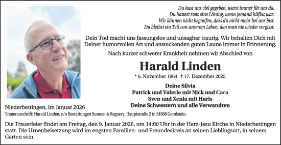 Traueranzeige von Harald Linden von WochenSpiegel
