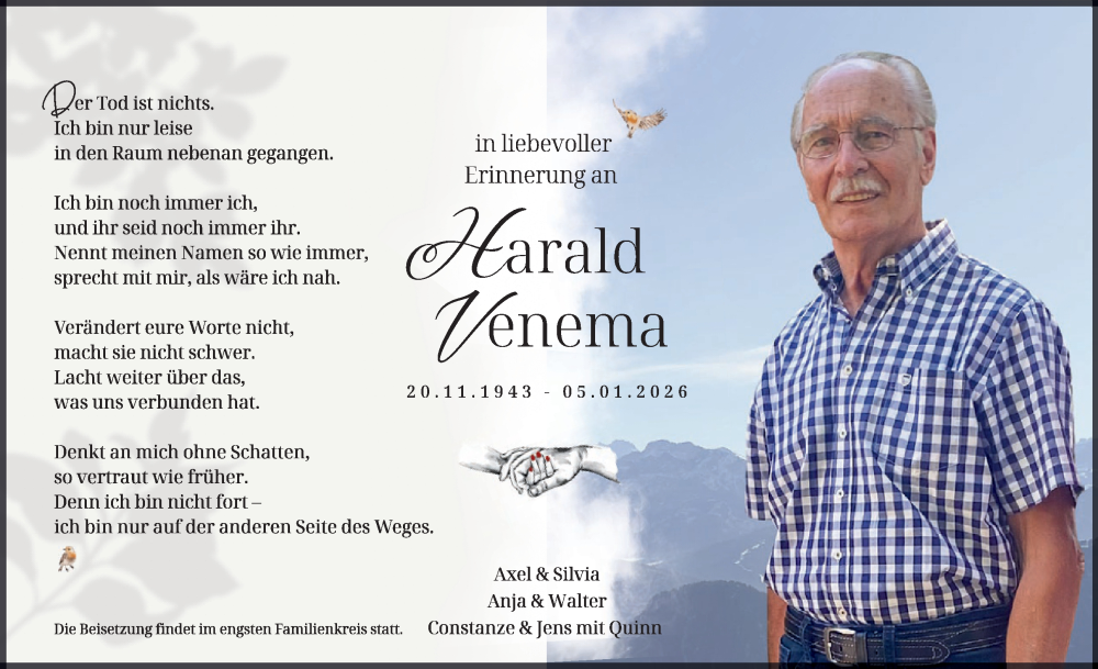  Traueranzeige für Harald Venema vom 24.01.2026 aus WochenSpiegel
