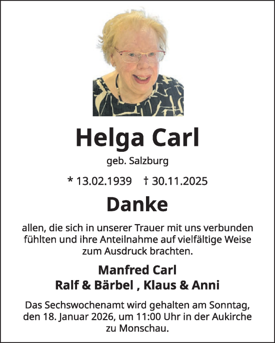 Traueranzeige von Helga Carl von WochenSpiegel