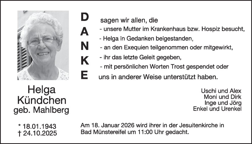 Traueranzeige für Helga Kündchen vom 14.01.2026 aus WochenSpiegel
