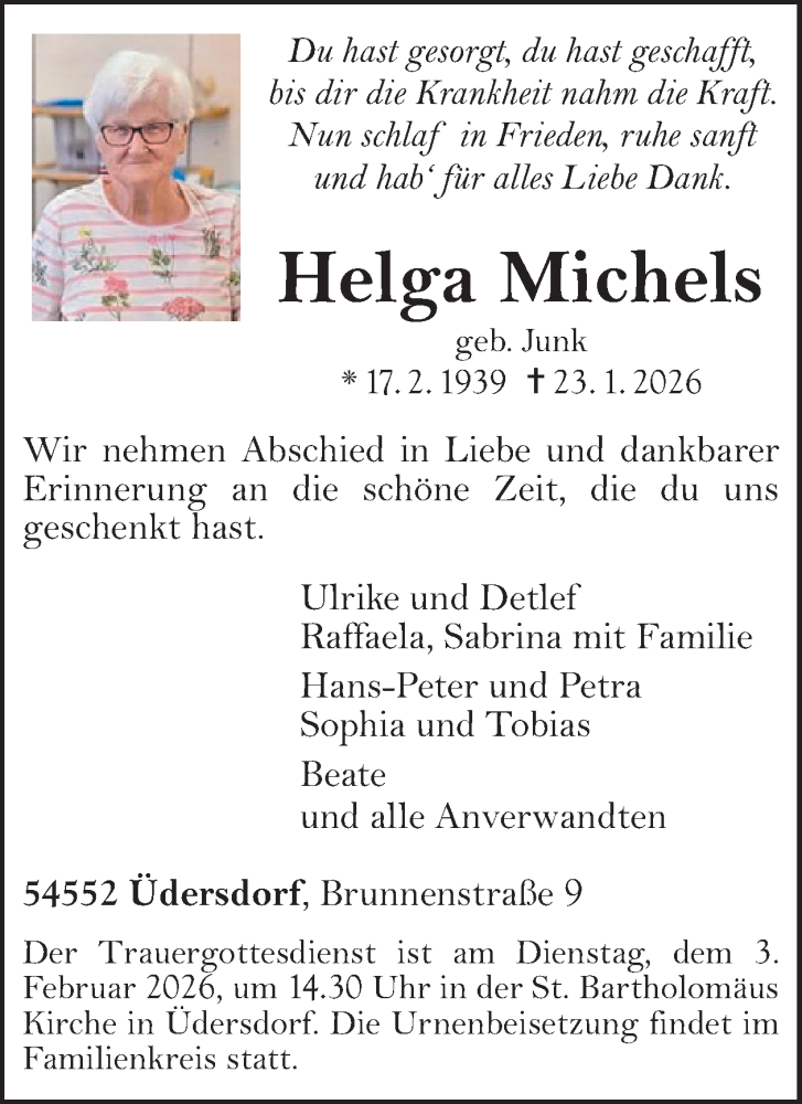 Traueranzeige für Helga Michels vom 31.01.2026 aus WochenSpiegel