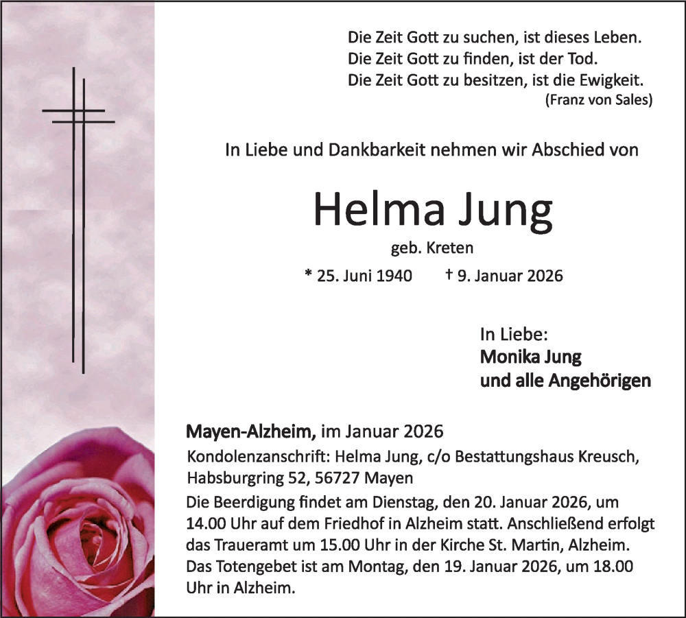  Traueranzeige für Helma Jung vom 14.01.2026 aus WochenSpiegel