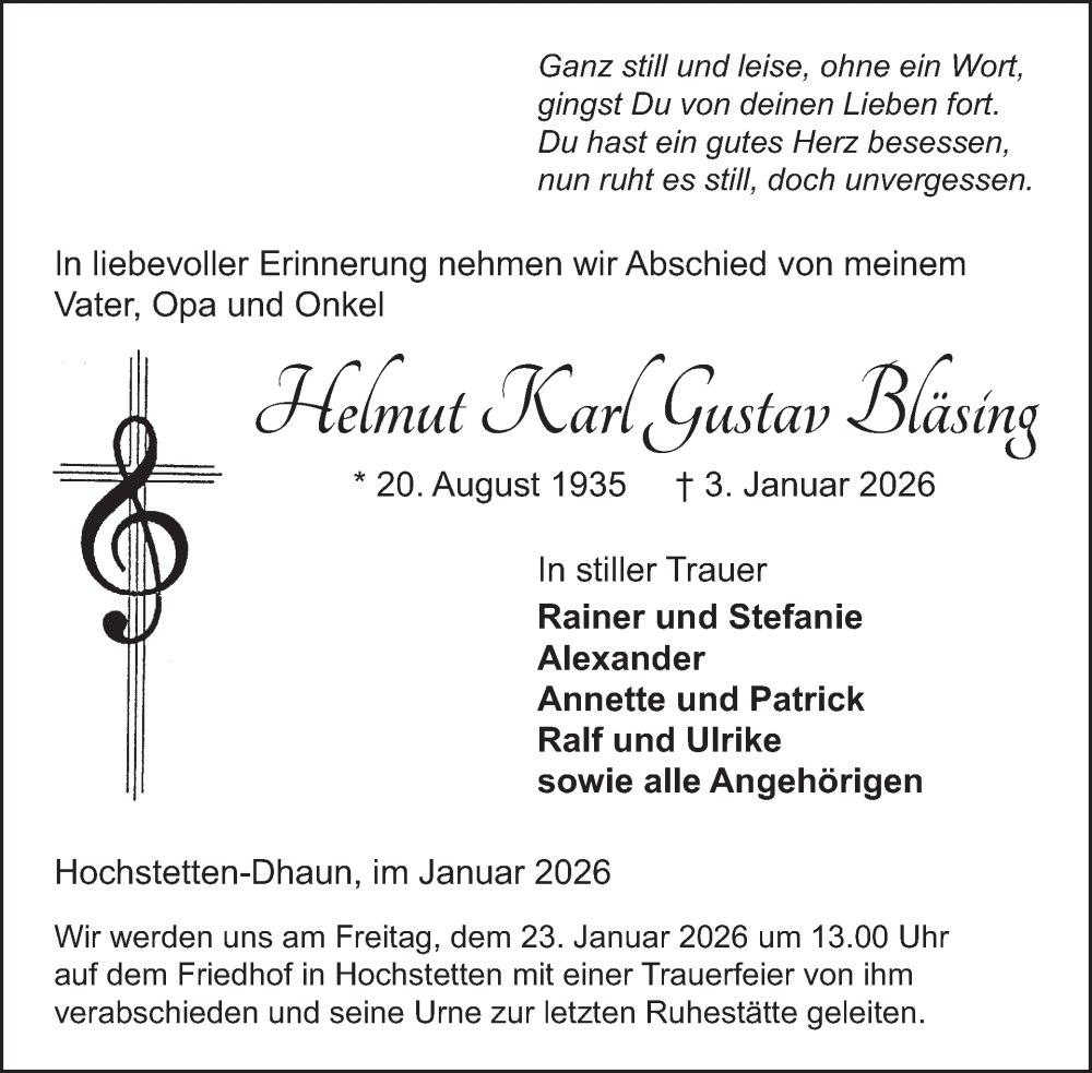  Traueranzeige für Helmut Karl Gustav Bläsing vom 17.01.2026 aus WochenSpiegel