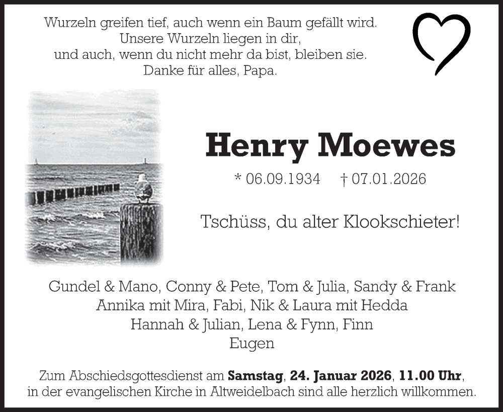 Traueranzeige für Henry Moewes vom 17.01.2026 aus WochenSpiegel