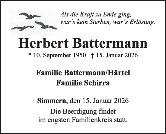 Traueranzeige von Herbert Battermann von WochenSpiegel