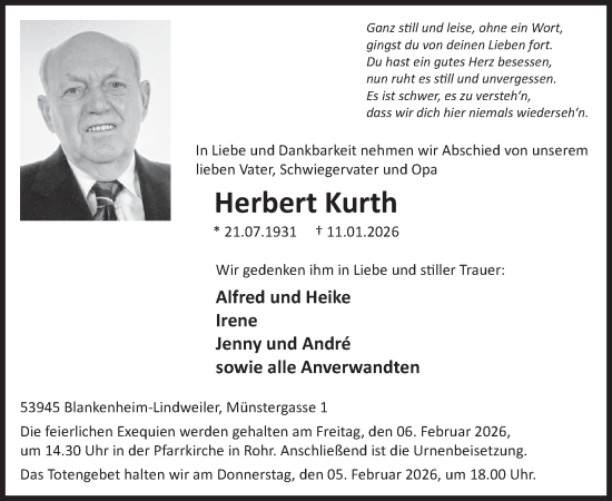 Traueranzeige von Herbert Kurth von WochenSpiegel