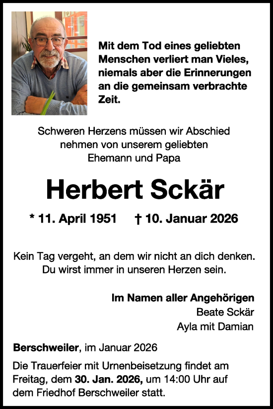 Traueranzeige von Herbert Sckär von WochenSpiegel