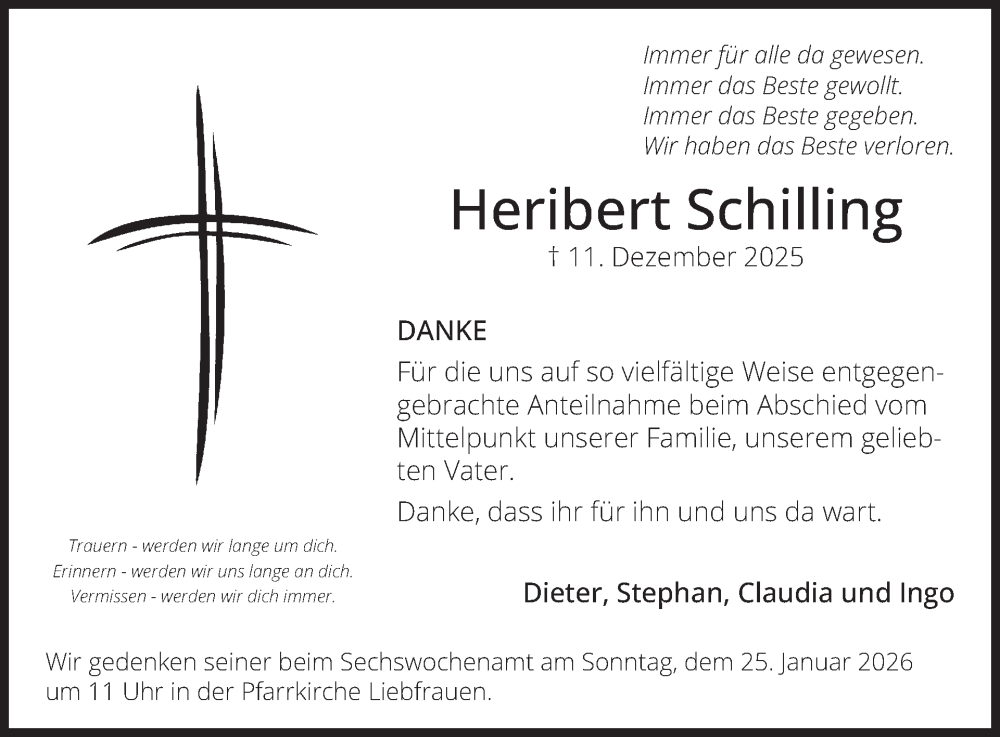  Traueranzeige für Heribert Schilling vom 16.01.2026 aus WochenSpiegel