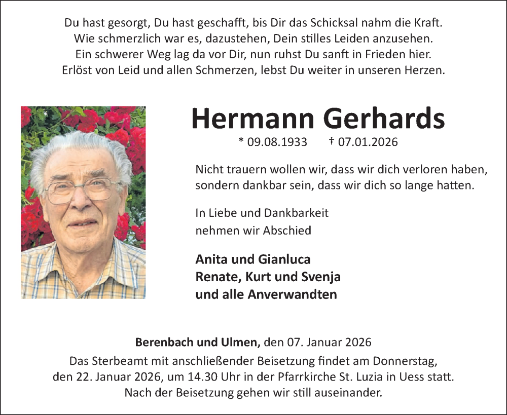  Traueranzeige für Hermann Gerhards vom 17.01.2026 aus WochenSpiegel