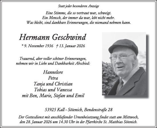 Traueranzeige von Hermann Geschwind von WochenSpiegel