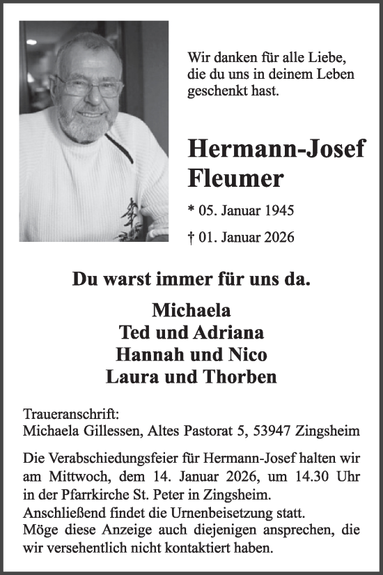 Traueranzeige von Hermann-Josef Fleumer von WochenSpiegel