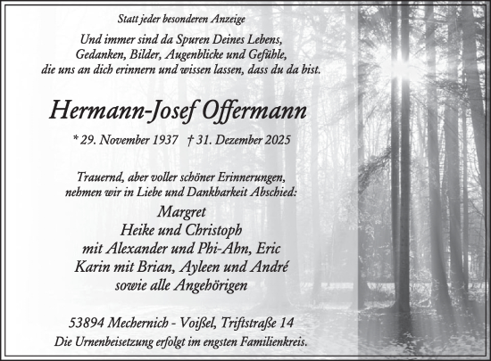 Traueranzeige von Hermann-Josef Offermann von WochenSpiegel