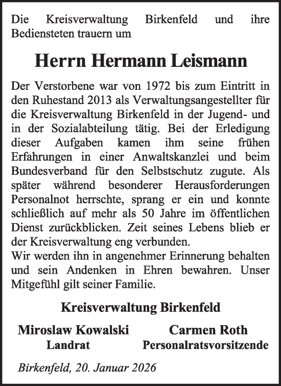 Traueranzeige von Hermann Leismann von WochenSpiegel