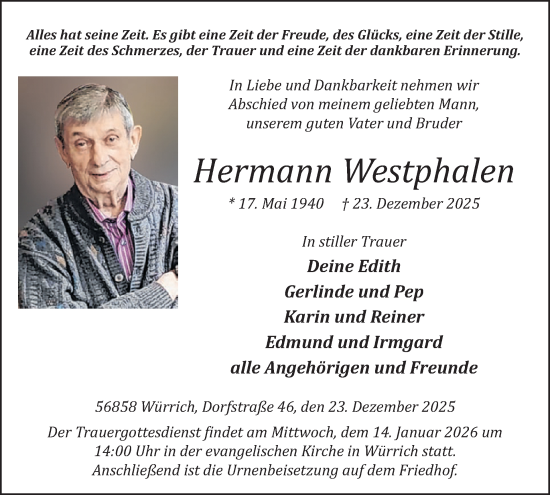 Traueranzeige von Hermann Westphalen von WochenSpiegel
