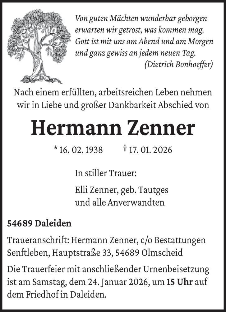  Traueranzeige für Hermann Zenner vom 23.01.2026 aus WochenSpiegel