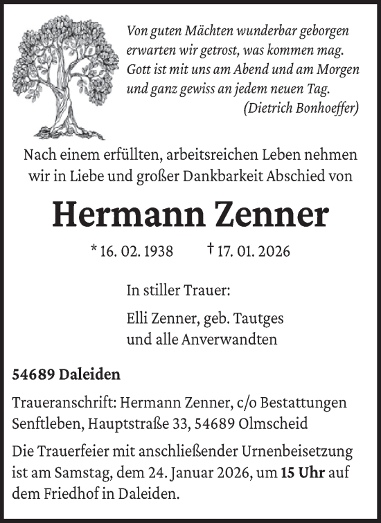 Traueranzeige von Hermann Zenner von WochenSpiegel