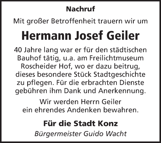 Traueranzeige von Hermann Josef Geiler von WochenSpiegel