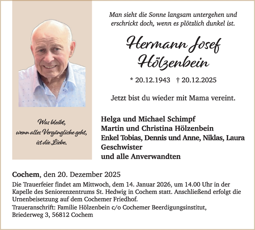  Traueranzeige für Hermann Josef Hölzenbein vom 07.01.2026 aus WochenSpiegel