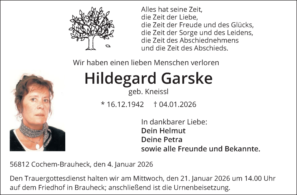  Traueranzeige für Hildegard Garske vom 14.01.2026 aus WochenSpiegel