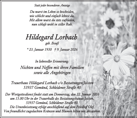 Traueranzeige von Hildegard Lorbach von WochenSpiegel