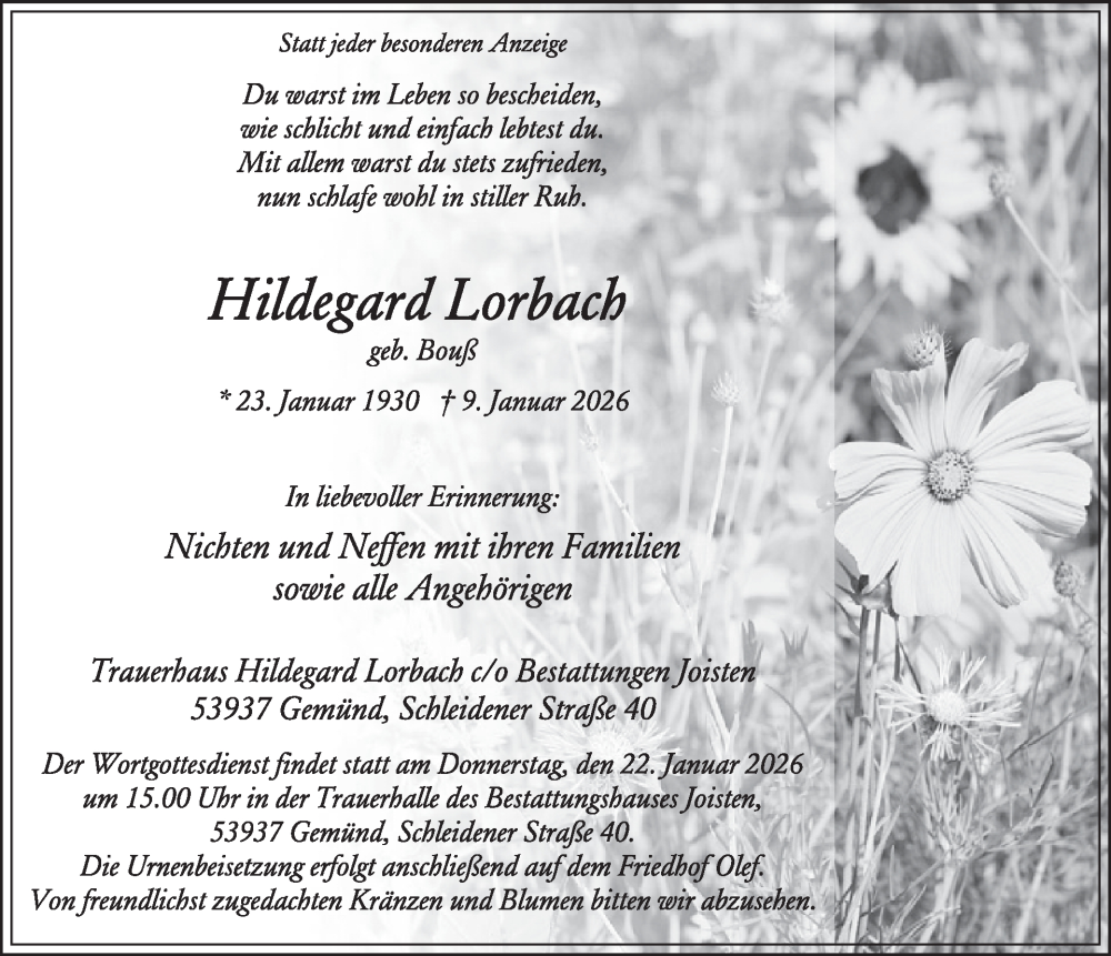  Traueranzeige für Hildegard Lorbach vom 21.01.2026 aus WochenSpiegel