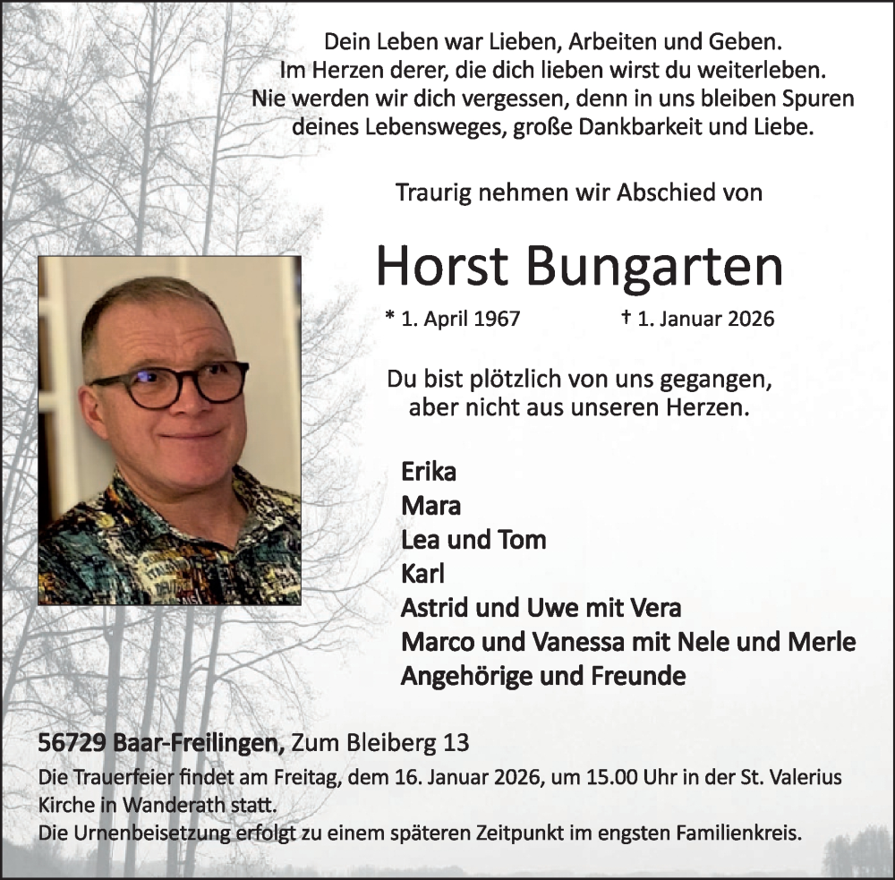  Traueranzeige für Horst Bungarten vom 17.01.2026 aus WochenSpiegel