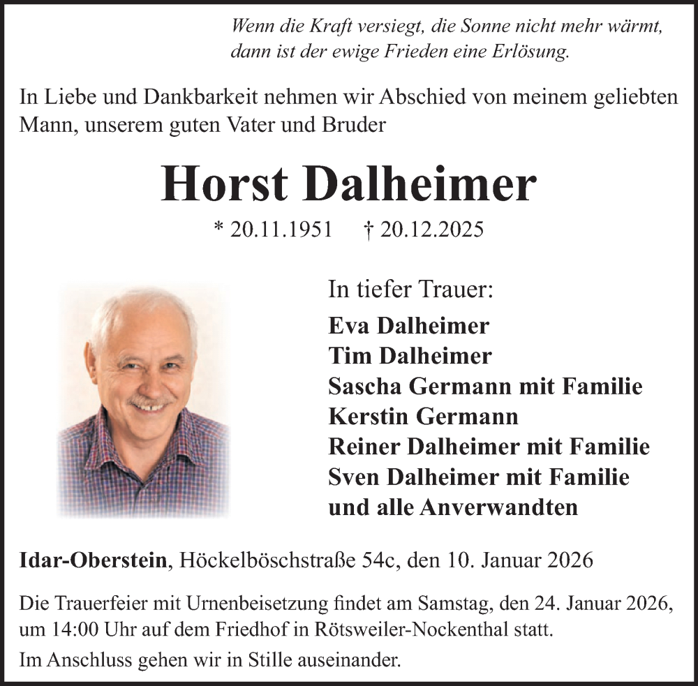  Traueranzeige für Horst Dalheimer vom 17.01.2026 aus WochenSpiegel